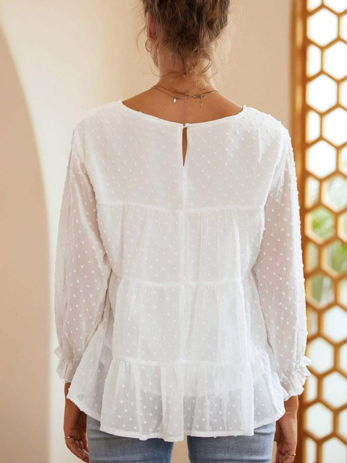 Full Size Swiss Dot Ruffled Round Neck Long Sleeve Blouse - Trendsi - Flyclothing LLC