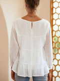 Full Size Swiss Dot Ruffled Round Neck Long Sleeve Blouse - Trendsi - Flyclothing LLC