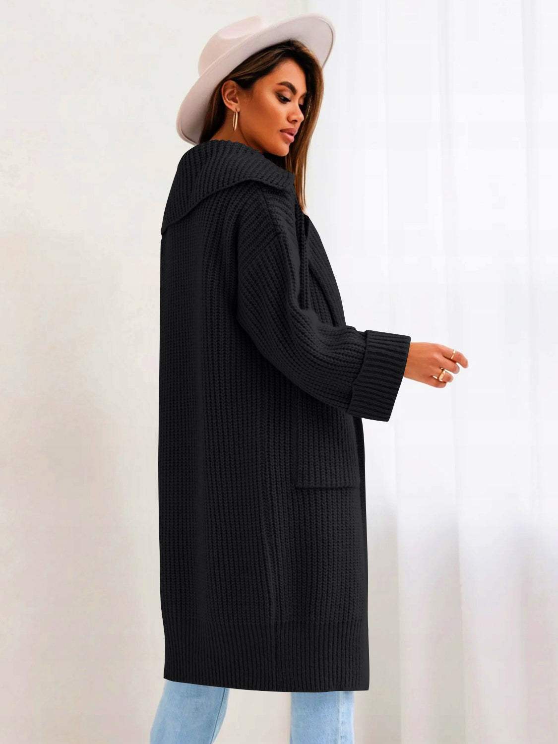 Pocketed Collared Neck Dropped Shoulder Cardigan - Trendsi - Flyclothing LLC