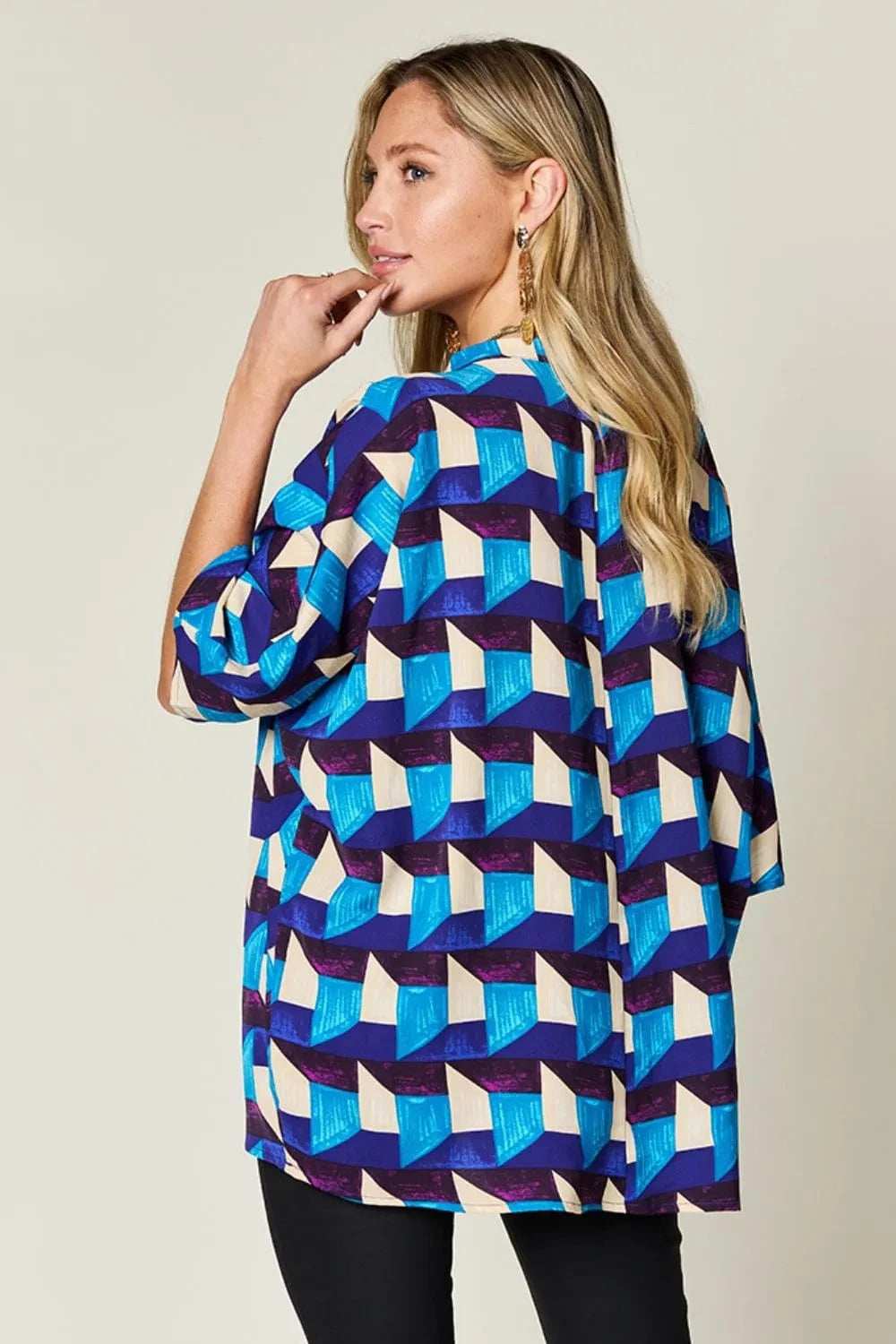 Double Take Full Size Geometric Notched Half Sleeve Blouse - Trendsi - Flyclothing LLC
