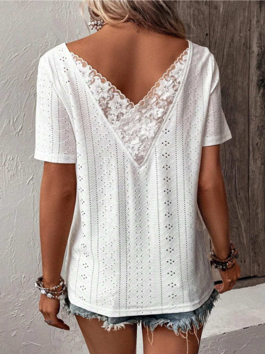 Lace Detail Eyelet Short Sleeve Blouse - Trendsi - Flyclothing LLC