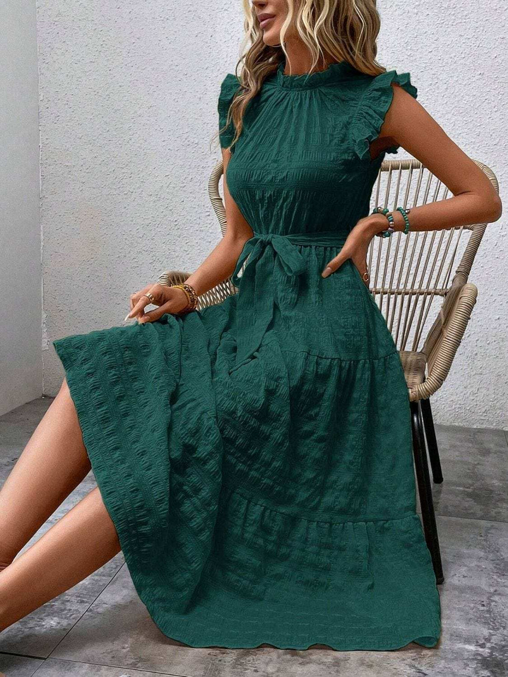 Tied Ruffled Cap Sleeve Midi Dress - Trendsi - Flyclothing LLC