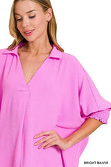 Zenana Airflow Collar Tee with Smocked Sleeve Band Top - Trendsi - Flyclothing LLC