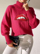 Lip Turtleneck Long Sleeve Sweater - Trendsi - Flyclothing LLC