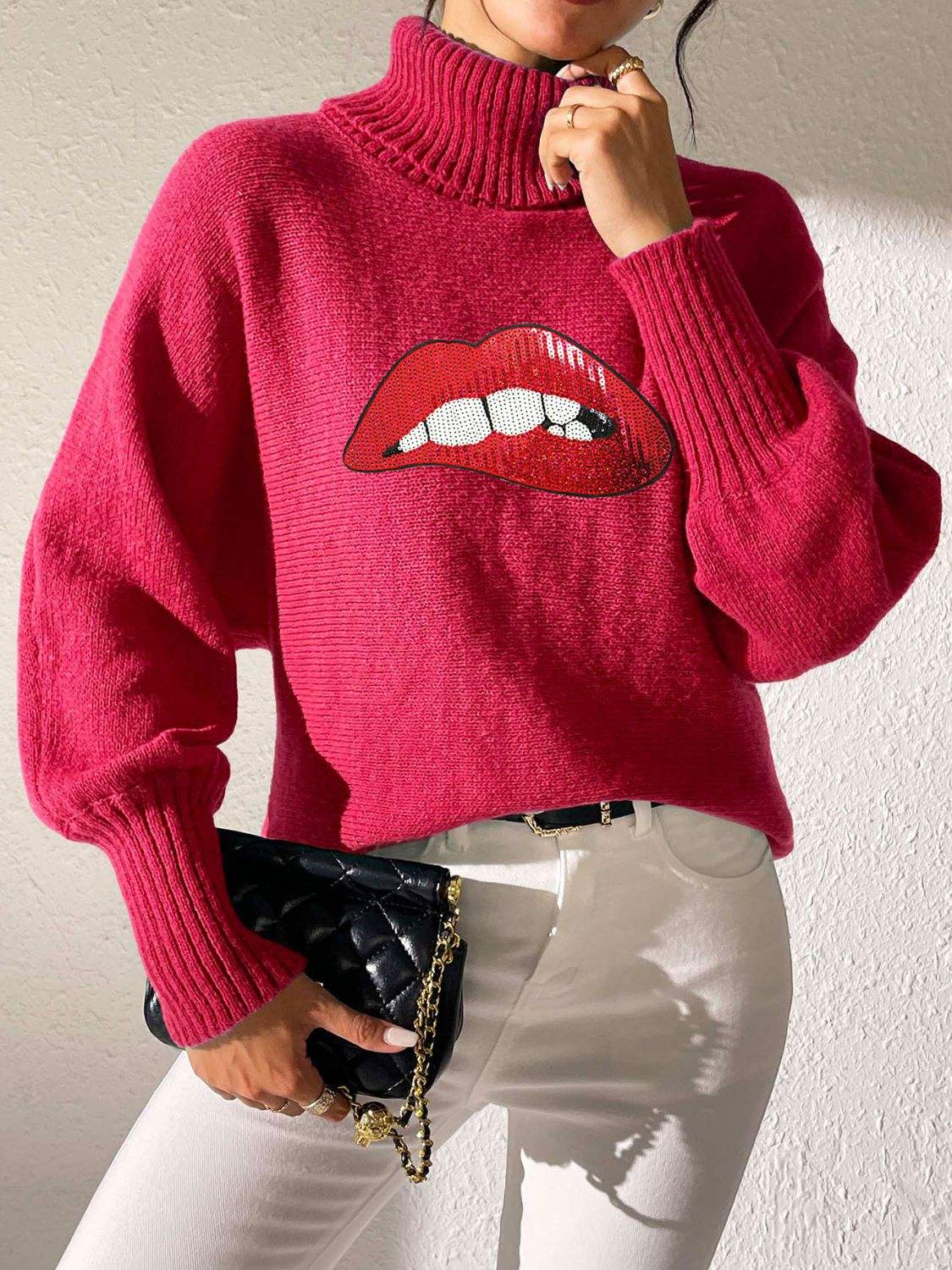 Lip Turtleneck Long Sleeve Sweater - Trendsi - Flyclothing LLC