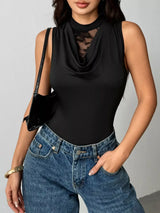 Lace Panel Cowl Neck Sleeveless Bodysuit - Trendsi - Flyclothing LLC