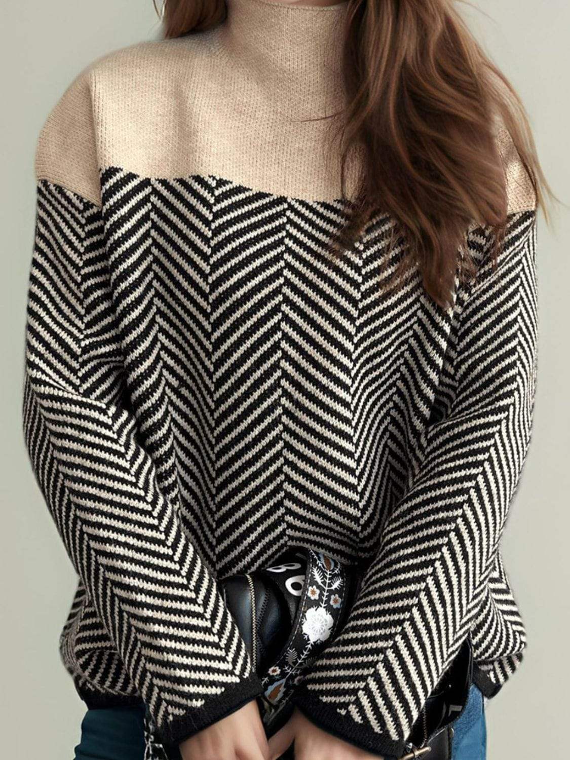 Contrast Turtleneck Long Sleeve Sweater - Trendsi - Flyclothing LLC