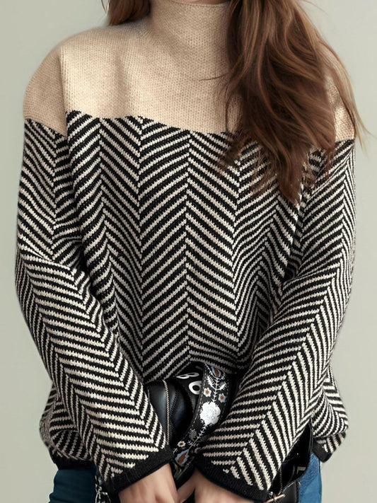 Contrast Turtleneck Long Sleeve Sweater - Trendsi