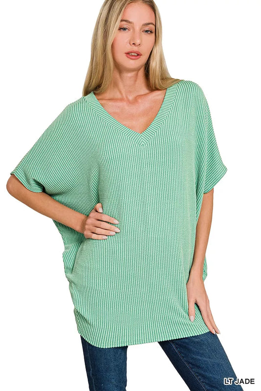 Zenana Raised Rib V-Neck Batwing Top - Trendsi - Flyclothing LLC