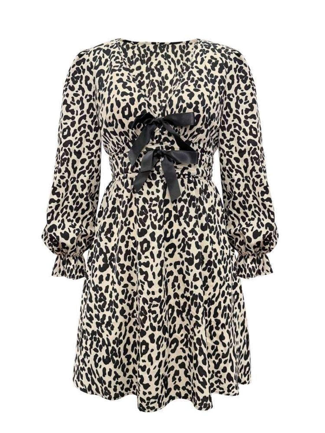 Leopard V-Neck Flounce Sleeve Dress - Trendsi - Flyclothing LLC
