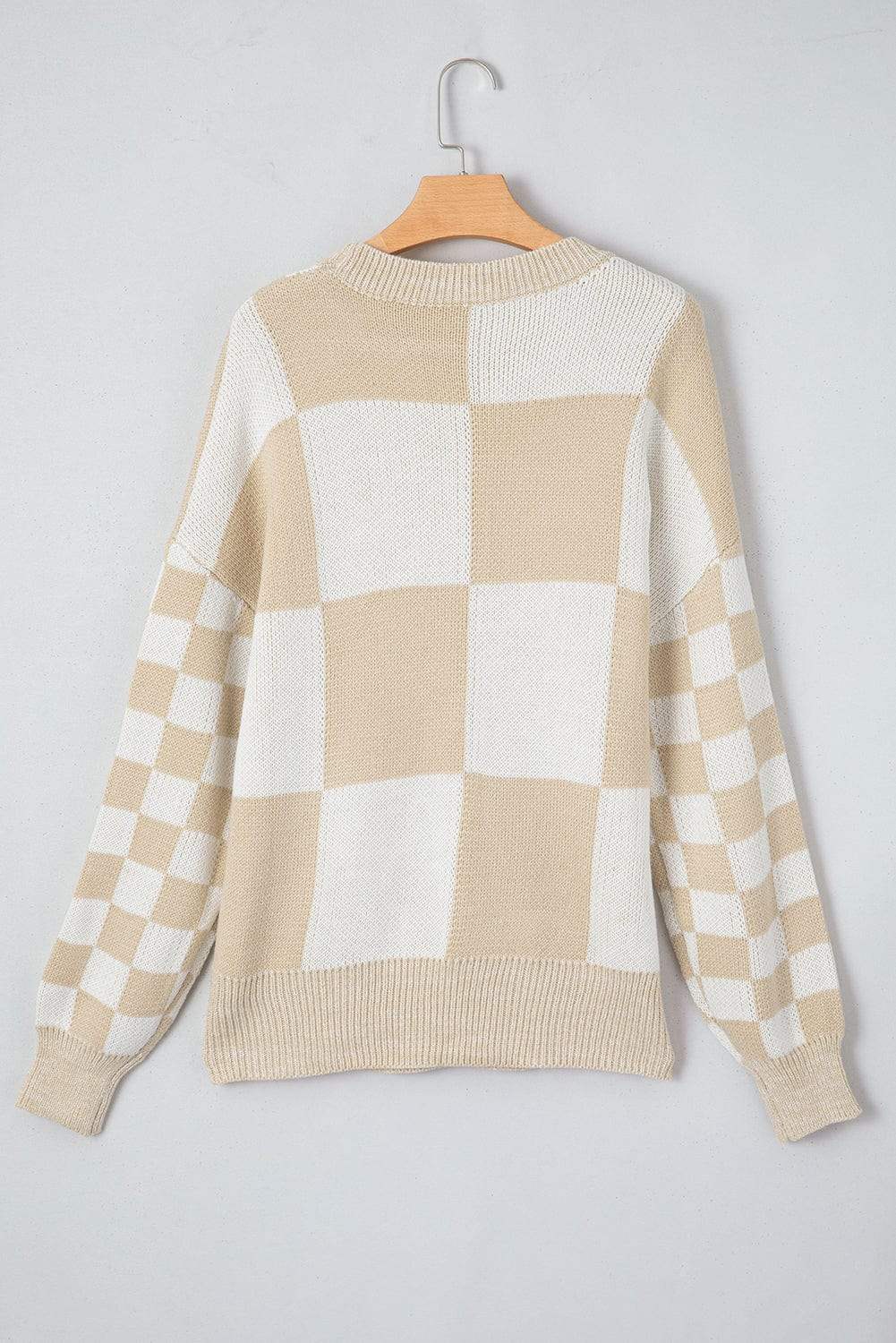 Checkered Round Neck Drop Shoulder Sweater - Trendsi - Flyclothing LLC