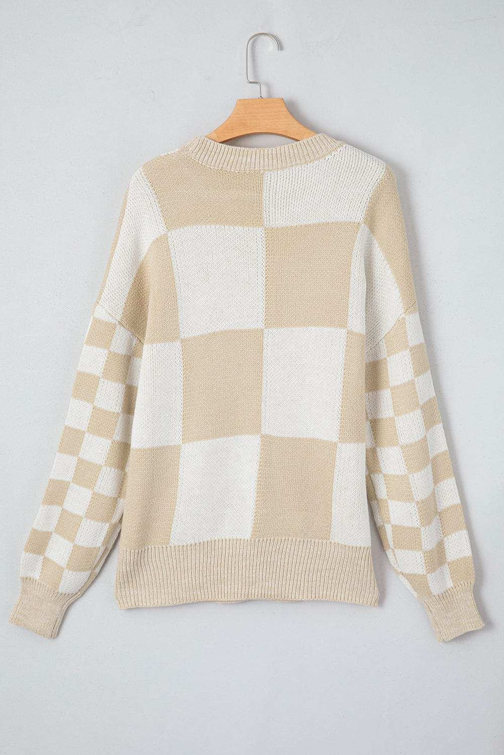 Checkered Round Neck Drop Shoulder Sweater - Trendsi - Flyclothing LLC