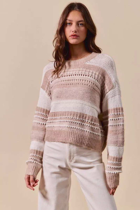 SO ME Variegated Stripe Textured Loose Fit Sweater - Trendsi - Flyclothing LLC