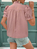Embroidered Frill Notched Short Sleeve Blouse - Trendsi - Flyclothing LLC