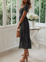 Printed Square Neck Short Sleeve Midi Dress - Trendsi - Flyclothing LLC