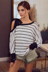 BiBi Stripe Yarn Dye Waffle One Shoulder Ribbon Detail Top - Trendsi - Flyclothing LLC
