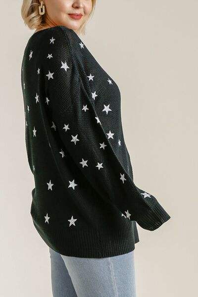 Umgee Full Size Star V-Neck Long Sleeve Sweater Plus Size - Trendsi - Flyclothing LLC