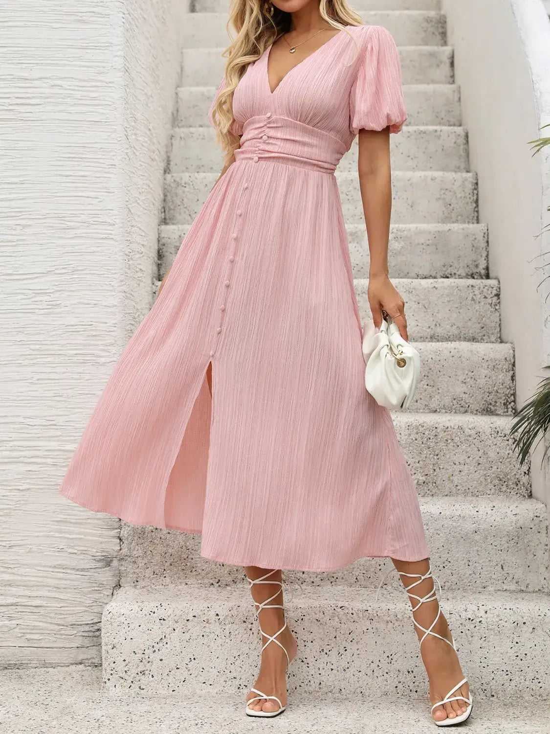 V-Neck Puff Sleeve Dress - Trendsi - Flyclothing LLC