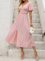 V-Neck Puff Sleeve Dress - Trendsi - Flyclothing LLC