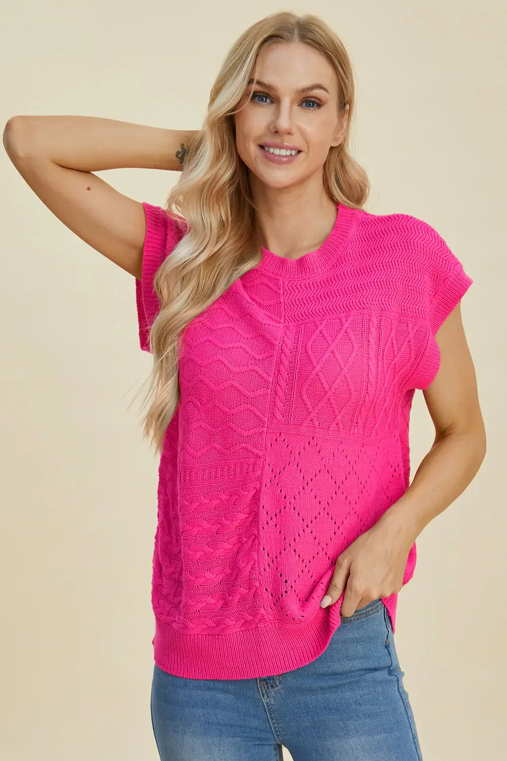 Double Take Full Size Cable-Knit Round Neck Cap Sleeve Sweater - Trendsi - Flyclothing LLC