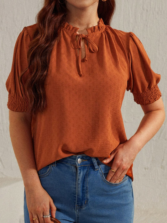 Frill Tie Neck Short Sleeve Blouse - Trendsi