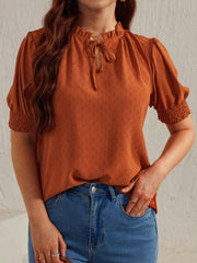 Frill Tie Neck Short Sleeve Blouse - Trendsi