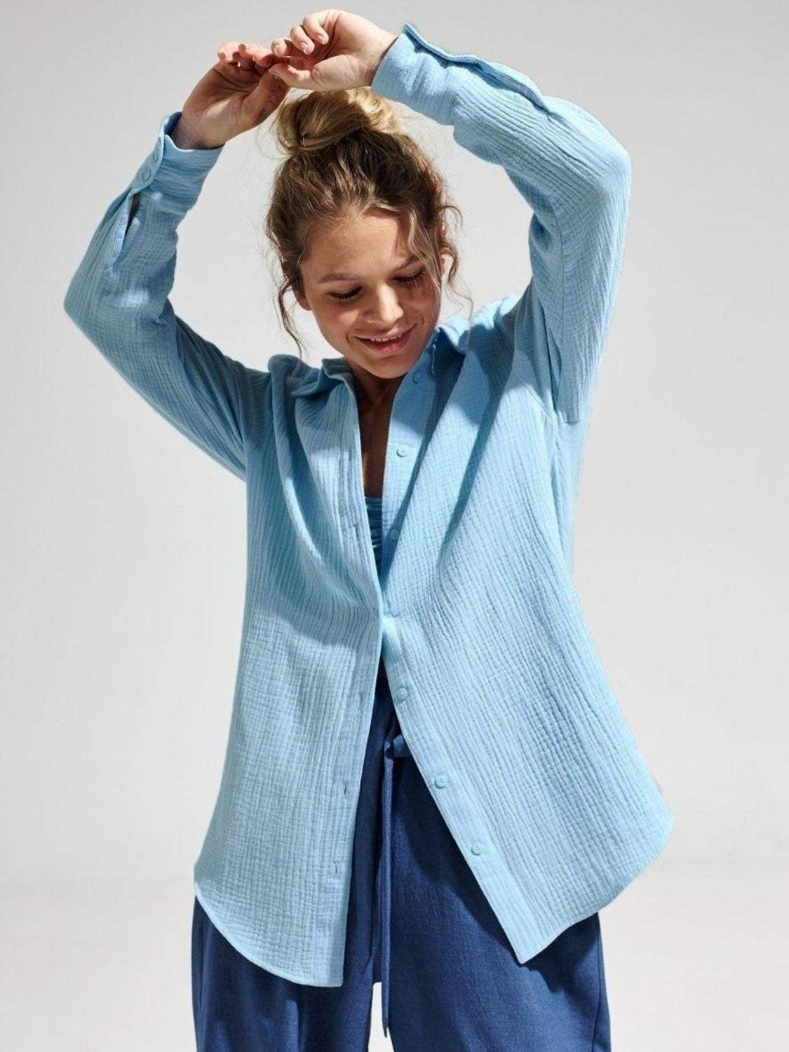Textured Collared Neck Long Sleeve Shirt - Trendsi - Flyclothing LLC