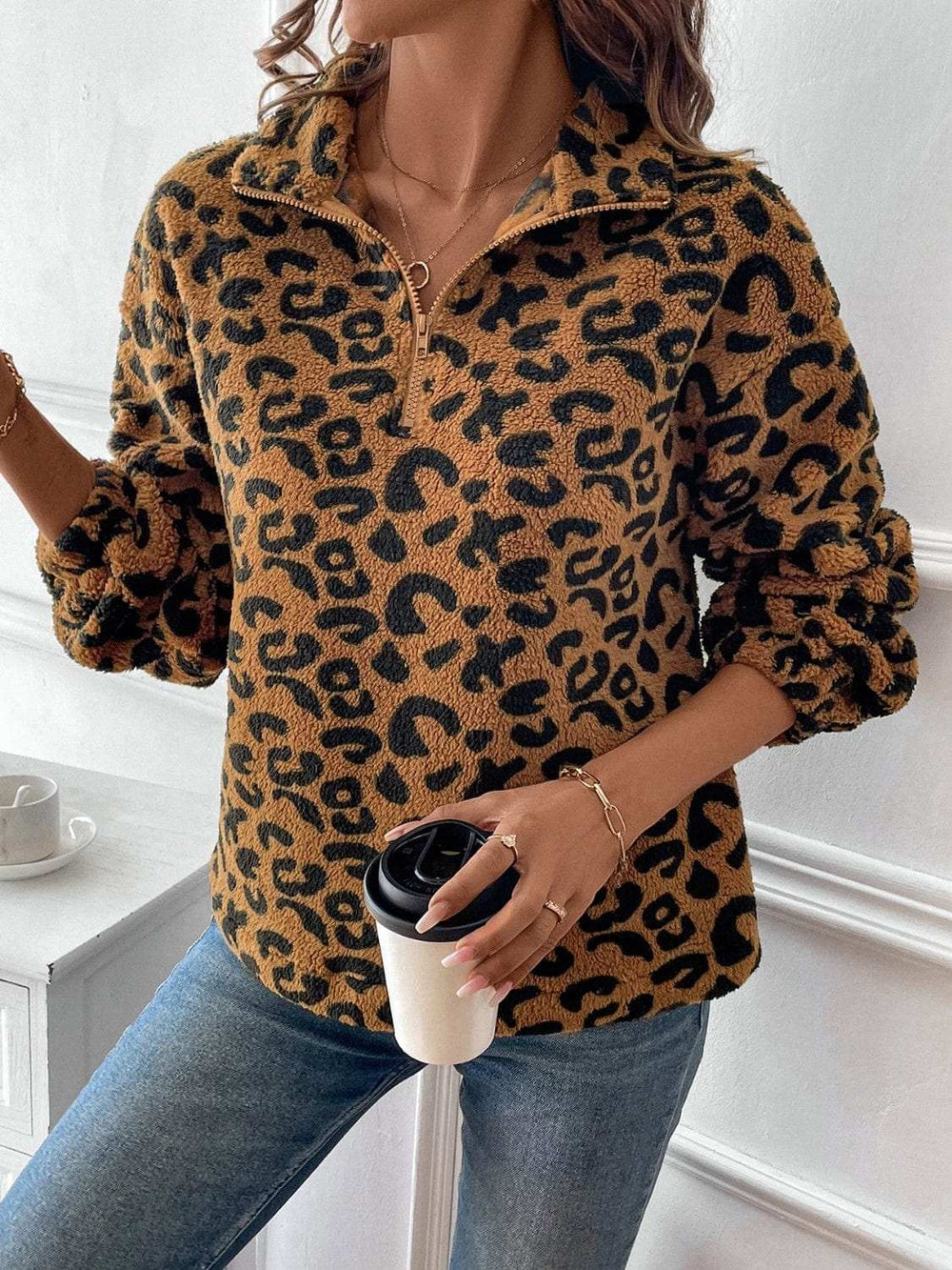 Leopard Half Zip Long Sleeve Sweatshirt - Trendsi - Flyclothing LLC