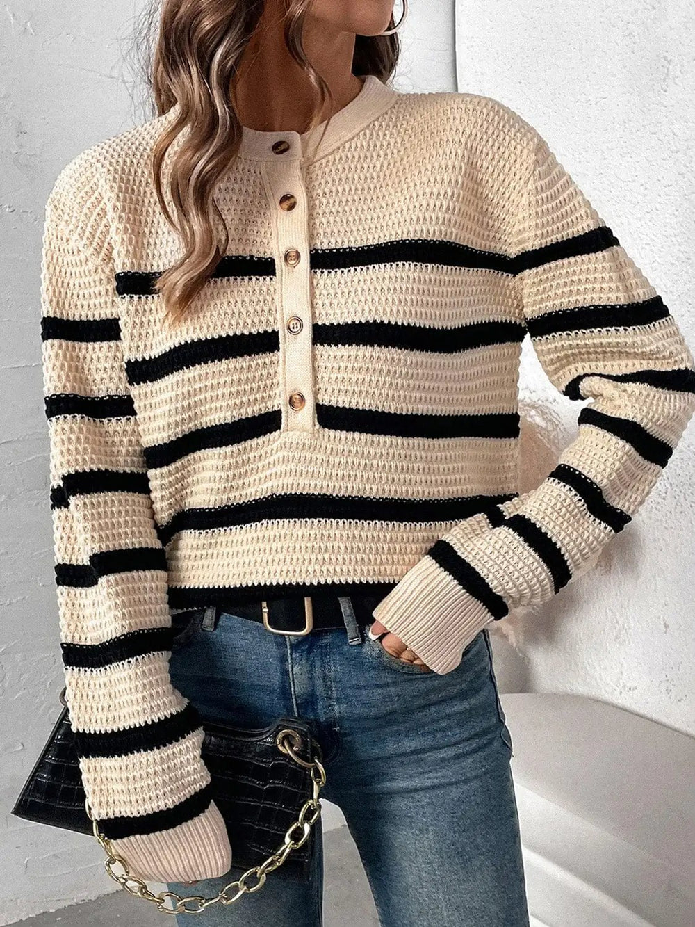 Perfee Striped Half Button Long Sleeve Sweater - Trendsi
