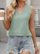V-Neck Eyelet Knit Cami Tank Top - Trendsi - Flyclothing LLC