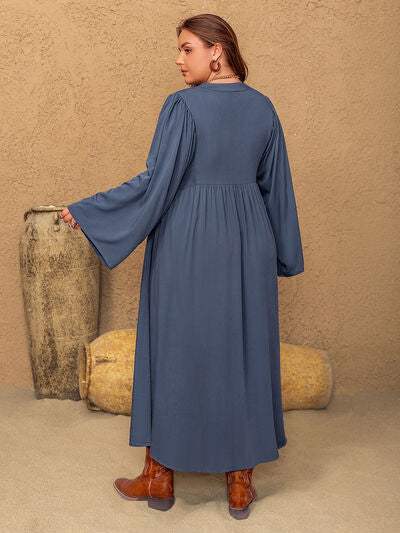 Plus Size Lace Detail Notched Long Sleeve Midi Dress - Trendsi - Flyclothing LLC