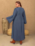 Plus Size Lace Detail Notched Long Sleeve Midi Dress - Trendsi
