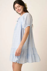 Mittoshop Tassel Tie Plaid Gauze Short Sleeve Mini Dress - Trendsi - Flyclothing LLC