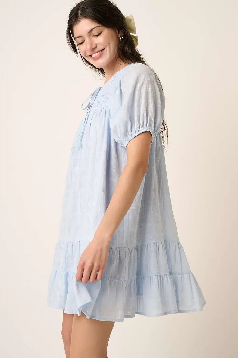 Mittoshop Tassel Tie Plaid Gauze Short Sleeve Mini Dress - Trendsi - Flyclothing LLC