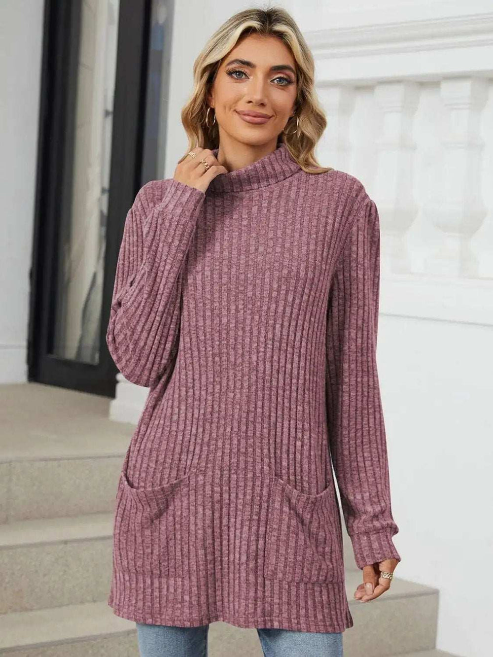 Ribbed Mock Neck Long Sleeve T-Shirt - Trendsi - Flyclothing LLC