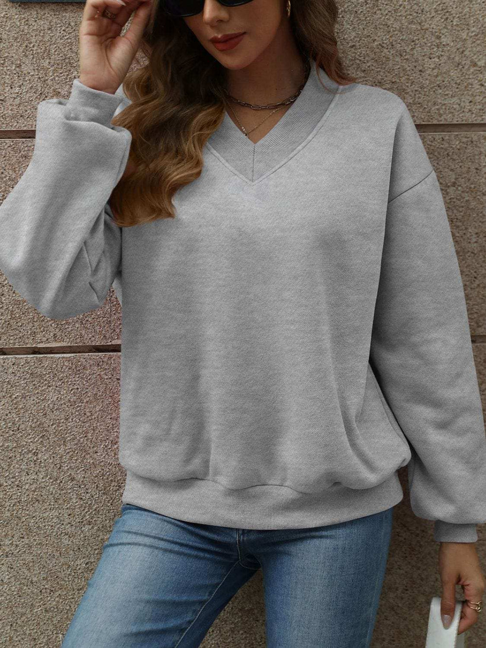 V-Neck Long Sleeve Dropped Shoulder Sweatshirt - Trendsi - Flyclothing LLC
