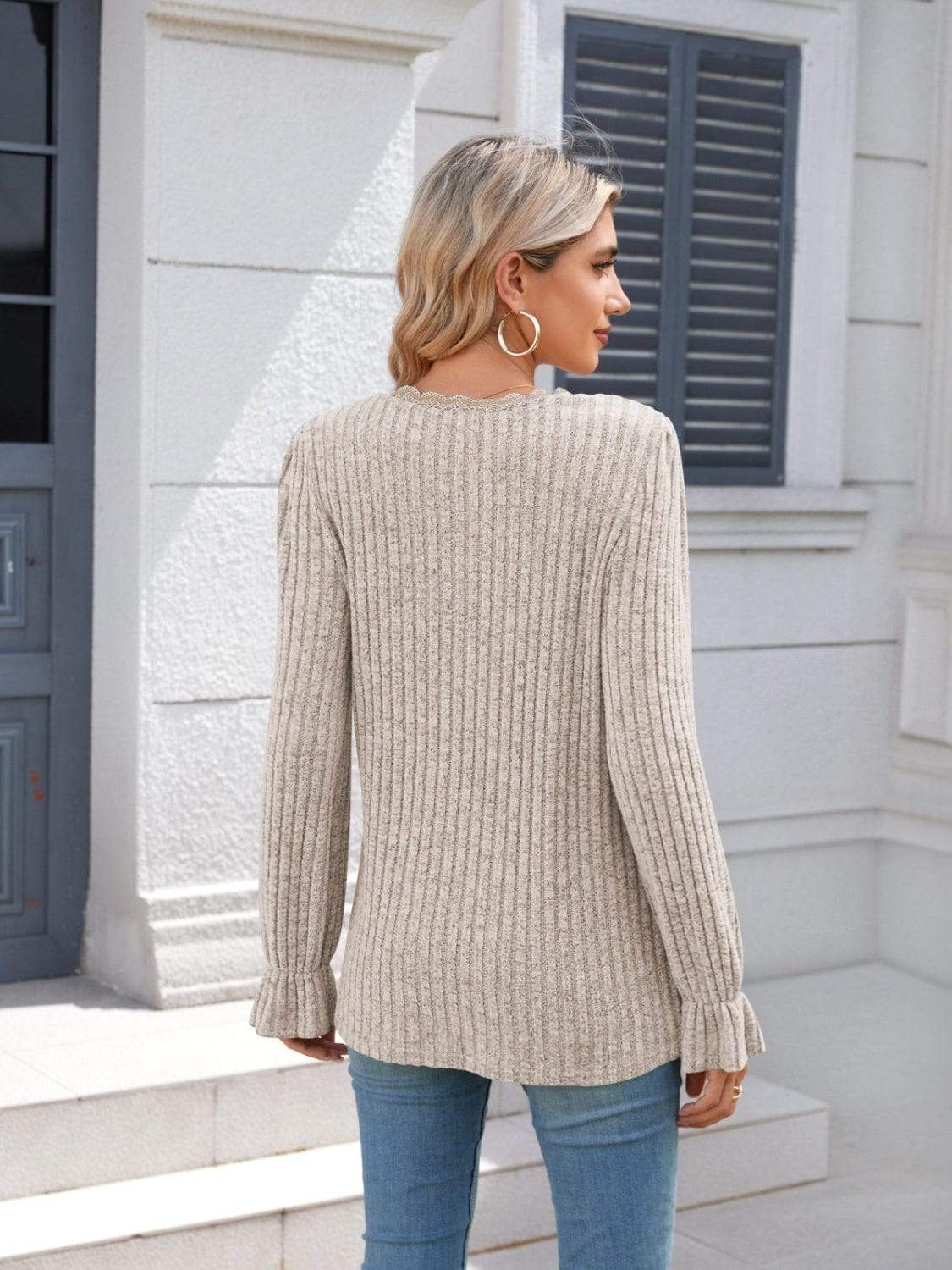 Lace Detail V-Neck Long Sleeve T-Shirt - Trendsi - Flyclothing LLC