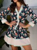 Floral Print Striped Trim V Neck Long Sleeve Ruffle Hem Shift Mini Dress - Trendsi - Flyclothing LLC