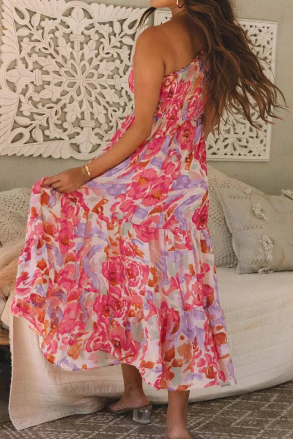 Floral Print Shirred One Shoulder Maxi Dress - Trendsi - Flyclothing LLC
