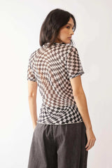 Davi & Dani Checker Board Printed Mesh Short Sleeve Top - Trendsi - Flyclothing LLC