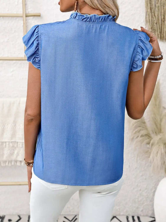 Ruffled Notched Cap Sleeve Blouse - Trendsi - Flyclothing LLC