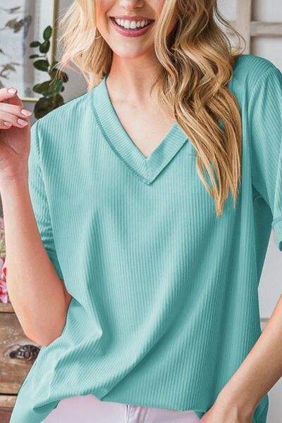 Heimish Full Size V-Neck Half Sleeve T-Shirt Plus Size - Trendsi - Flyclothing LLC