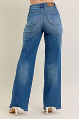 Judy Blue Full Size High Waist Tummy Control Chew Hem Destroy Wide Jeans Plus Size - Trendsi - Flyclothing LLC