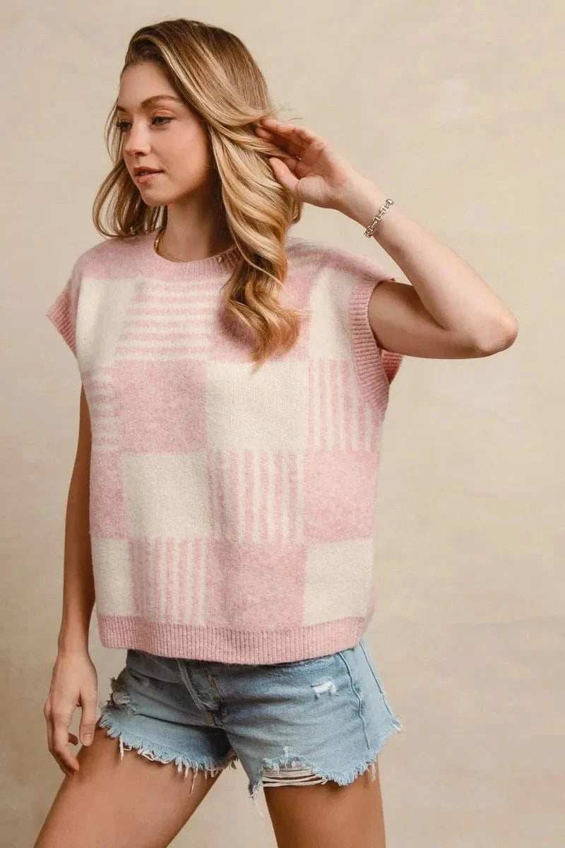 BiBi Checker With Stripes Pattern Sleeveless Sweater - Trendsi - Flyclothing LLC