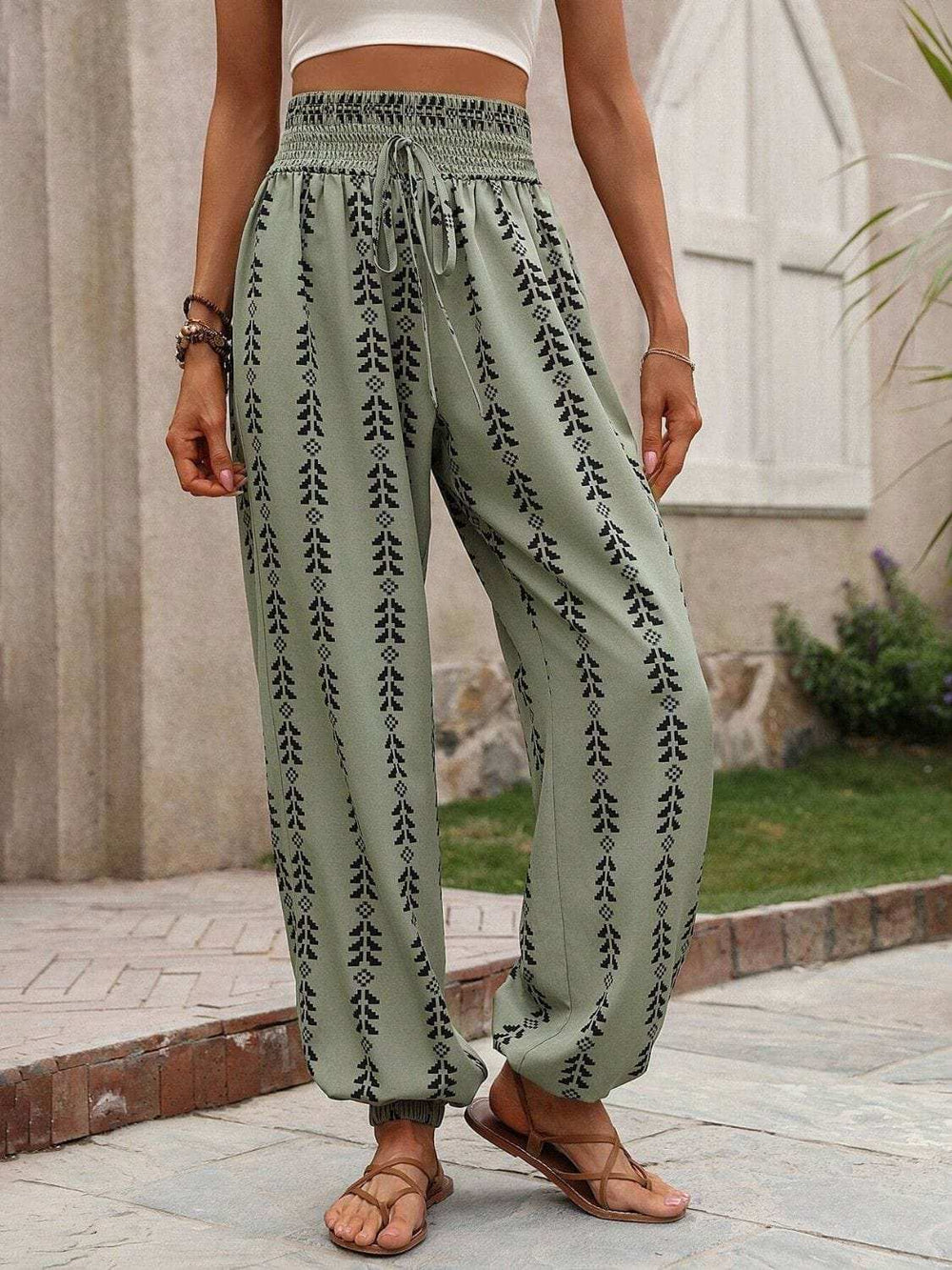 Tied Printed High Waist Pants - Trendsi - Flyclothing LLC