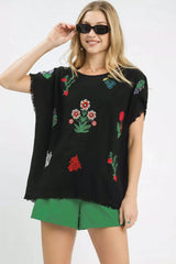 Umgee Linen Blend Embroidered Frayed Hem Top - Trendsi - Flyclothing LLC