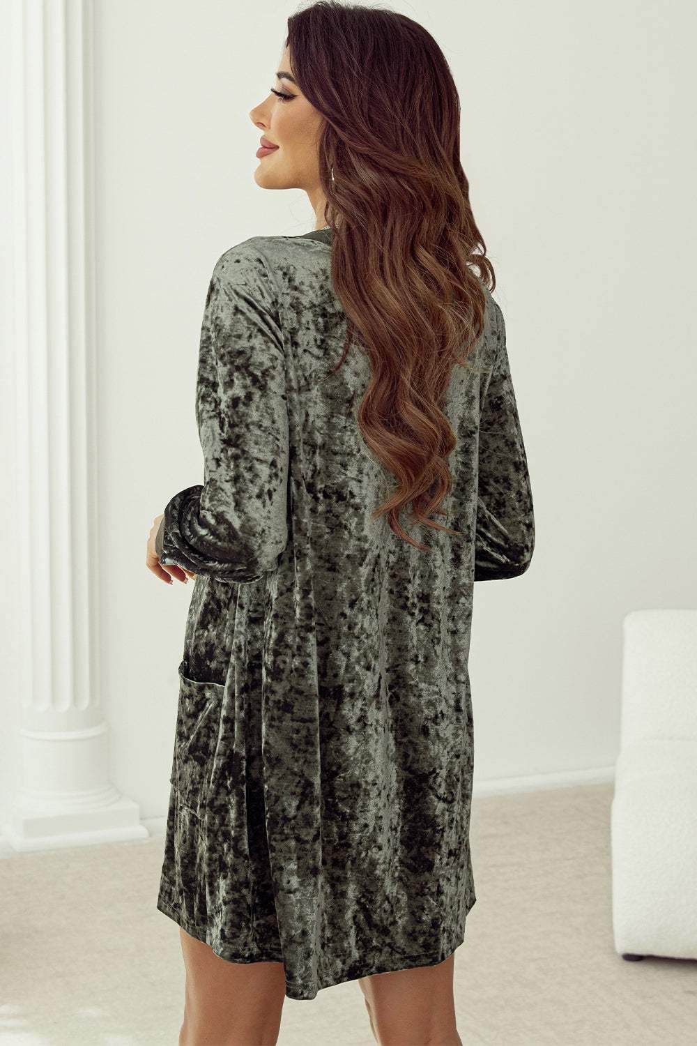 Notched Long Sleeve Mini Dress with Pockets - Trendsi - Flyclothing LLC