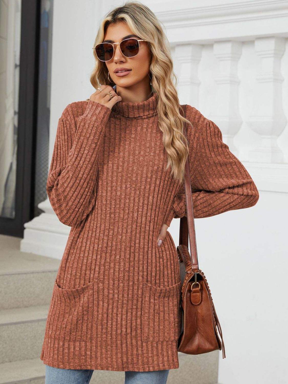 Ribbed Mock Neck Long Sleeve T-Shirt - Trendsi - Flyclothing LLC