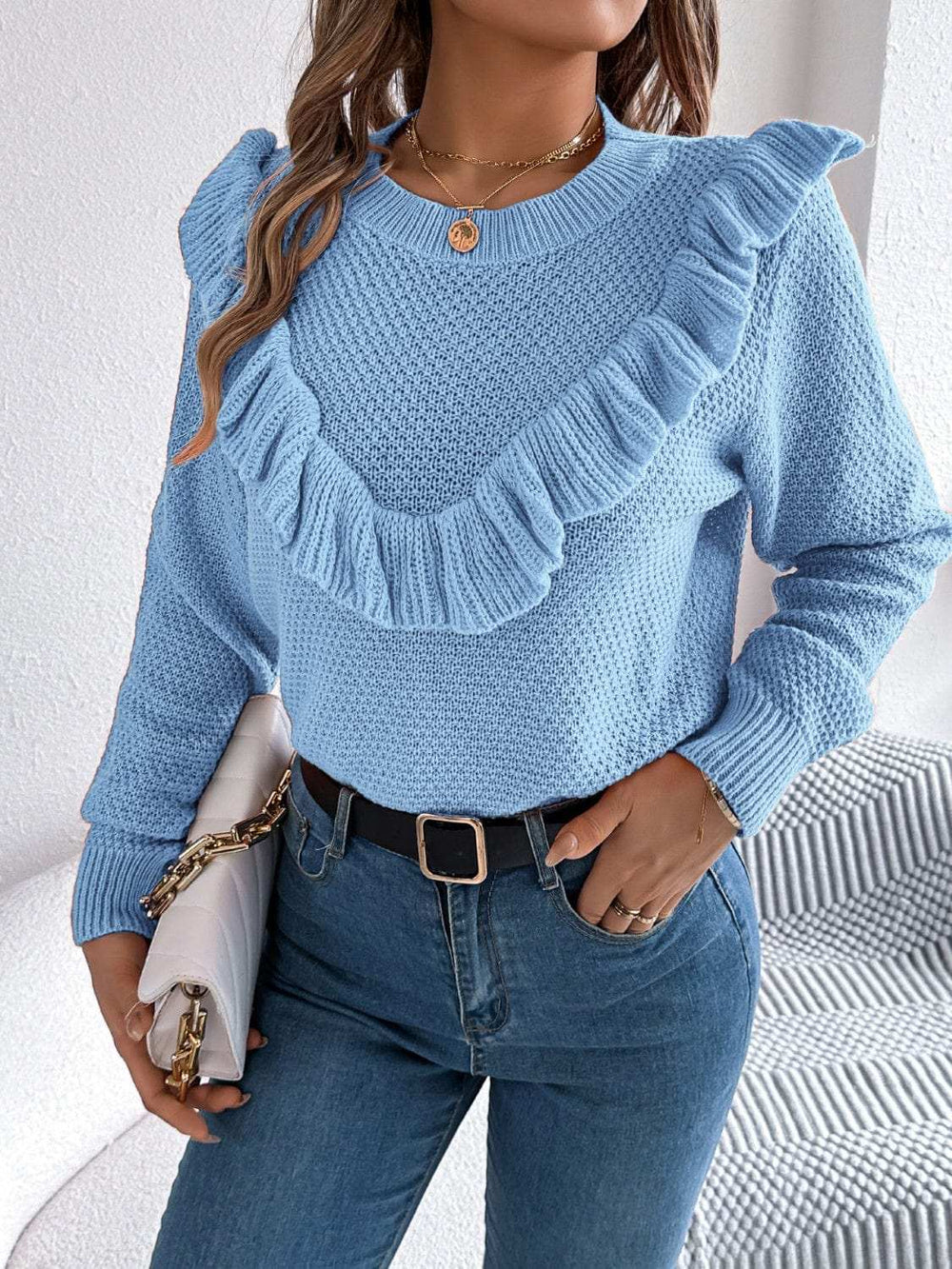 Ruffled Round Neck Long Sleeve Sweater - Trendsi - Flyclothing LLC