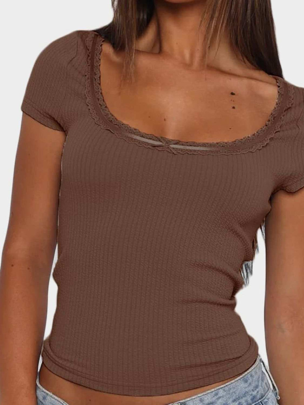 Lace Detail Scoop Neck Short Sleeve T-Shirt - Trendsi - Flyclothing LLC